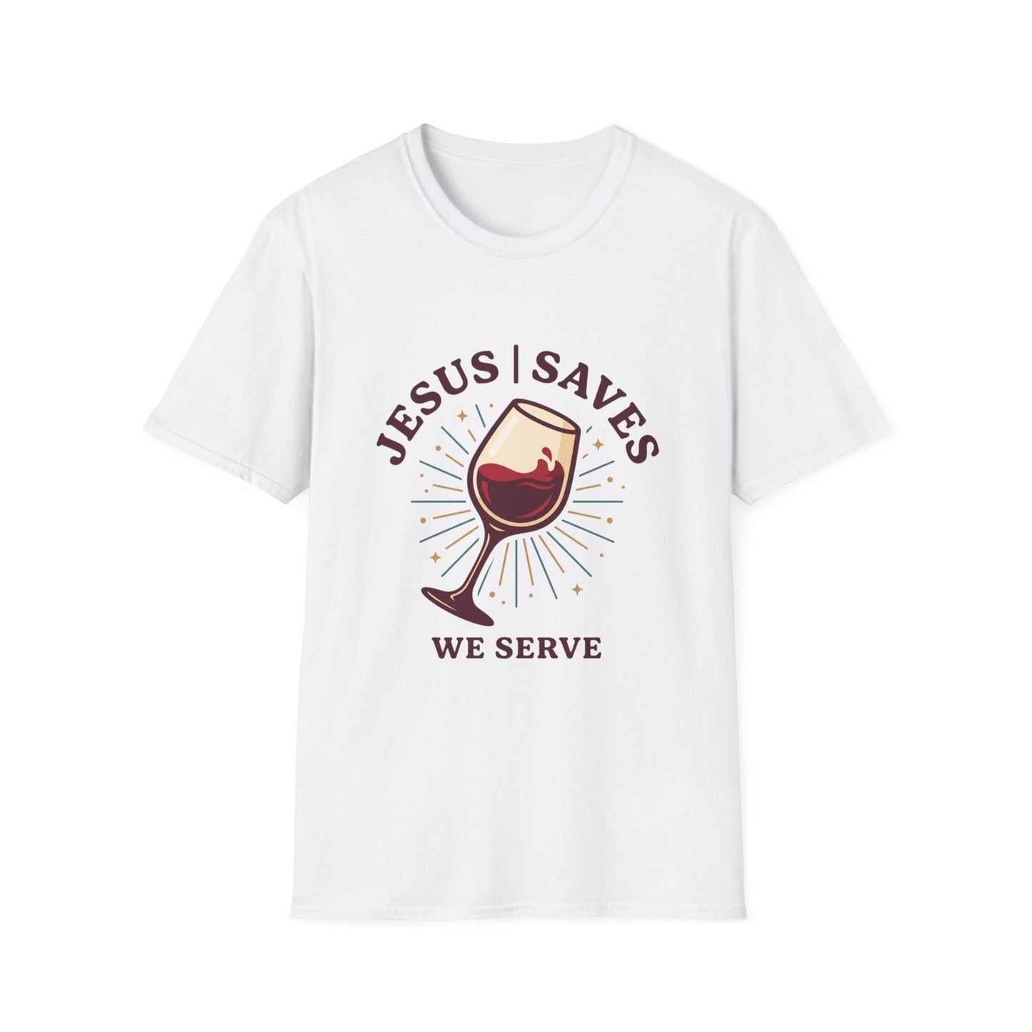 Jesus Saves We Serve T-Shirt — Christian Wine Glass Faith Tee