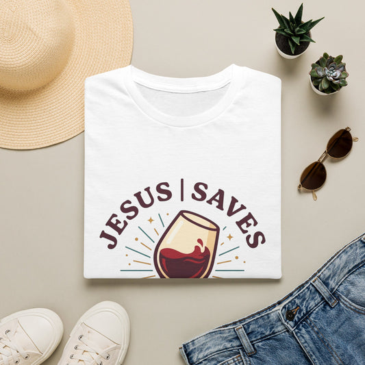 Jesus Saves We Serve T-Shirt — Christian Wine Glass Faith Tee